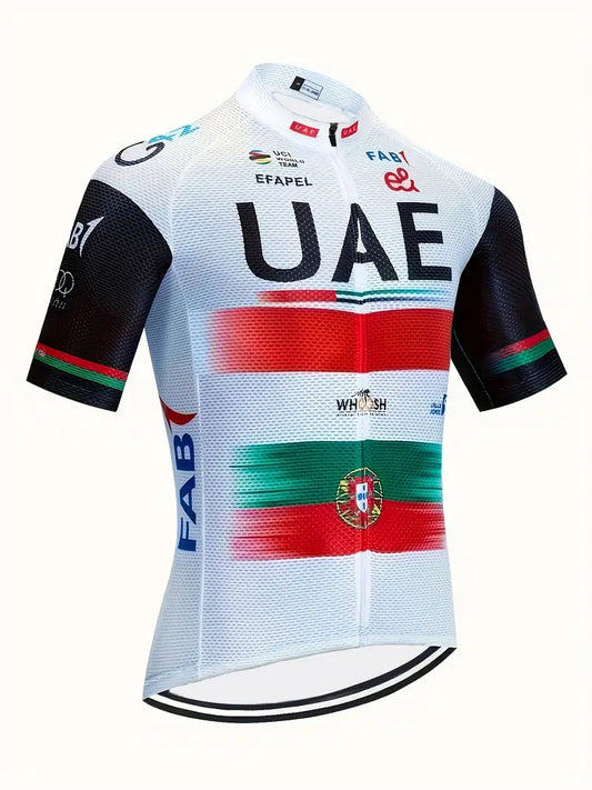 UAE Team Emirates Quick-Dry Cycling Jersey - White & Black Maillot with Colorful Stripe, Breathable Polyester, Zip-Up Short Sleeve Mtb Shirt for Men & Women, Ideal for Spring/Summer Sports, Cycle Jersey