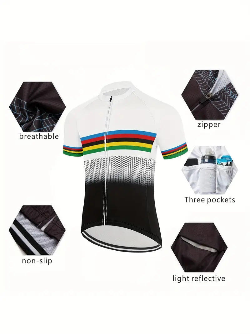 Men's Quick-Dry Cycling Jersey with Reflective Stripes - Breathable, Color Block Design with 3 Rear Pockets for Mountain Biking