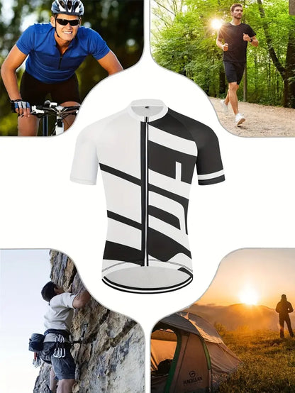 Men's Quick-Dry Cycling Jersey - Short Sleeve, Front Zipper, Color Block Design with 3 Rear Pockets, Breathable Polyester Fabric for MTB & Road Biking