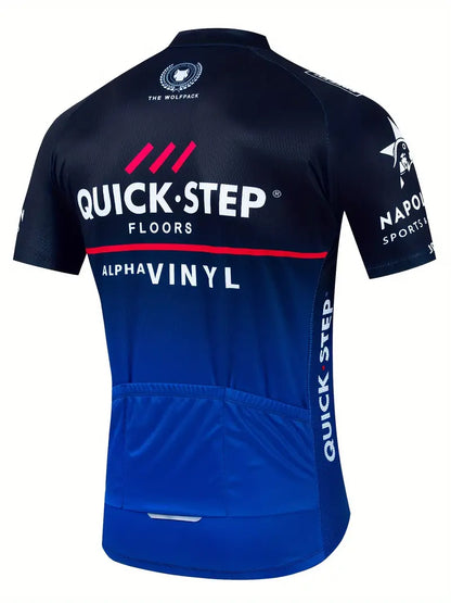 QUICK STEP Men'S Cycling Jersey - Polyester 100% Knit Fabric, Short Sleeve, Crew Neck, Geometric Pattern, Medium Stretch, Regular Fit, Sports Top for Cycling & Weekend Casual, Universal Fit, 200g/m² - Summer 2024 Road Bike Uniform Set